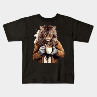 Maine Coon Cat Drinking Coffee Kids T-Shirt